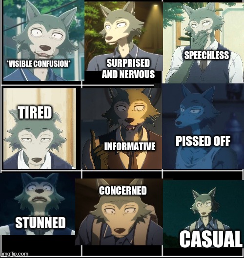 Legosi / legoshi mood chart | SPEECHLESS; SURPRISED AND NERVOUS; *VISIBLE CONFUSION*; TIRED; PISSED OFF; INFORMATIVE; CONCERNED; STUNNED; CASUAL | image tagged in mood board,furry,the furry fandom,anime,furries,wolf | made w/ Imgflip meme maker