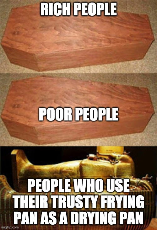 Golden coffin meme | RICH PEOPLE; POOR PEOPLE; PEOPLE WHO USE THEIR TRUSTY FRYING PAN AS A DRYING PAN | image tagged in golden coffin meme | made w/ Imgflip meme maker