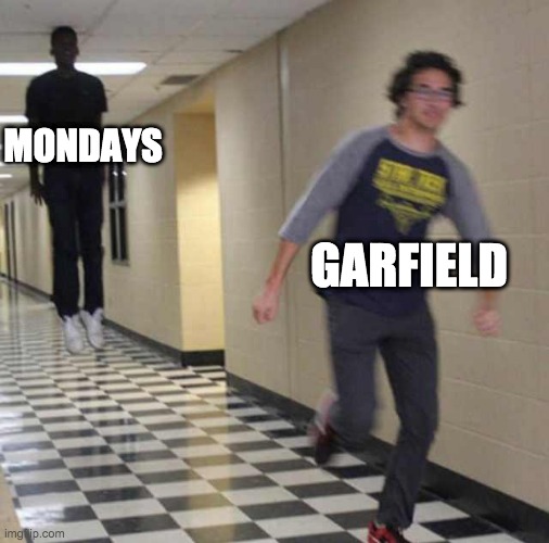 garfield be like: | MONDAYS; GARFIELD | image tagged in floating boy chasing running boy | made w/ Imgflip meme maker