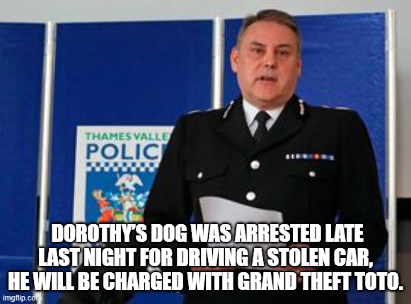 DOROTHY’S DOG WAS ARRESTED LATE LAST NIGHT FOR DRIVING A STOLEN CAR, HE WILL BE CHARGED WITH GRAND THEFT TOTO. | image tagged in police | made w/ Imgflip meme maker