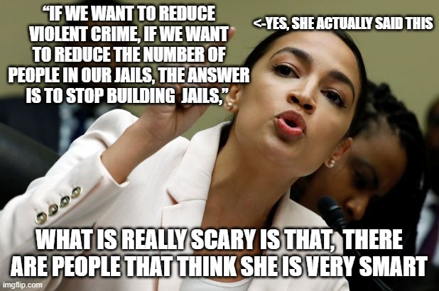 Wow, she is really this dumb. The voice of the leftist party. | “IF WE WANT TO REDUCE VIOLENT CRIME, IF WE WANT TO REDUCE THE NUMBER OF PEOPLE IN OUR JAILS, THE ANSWER IS TO STOP BUILDING  JAILS,”; <-YES, SHE ACTUALLY SAID THIS; WHAT IS REALLY SCARY IS THAT,  THERE ARE PEOPLE THAT THINK SHE IS VERY SMART | image tagged in politics lol,lol,stupid liberals,crazy aoc,funny memes | made w/ Imgflip meme maker