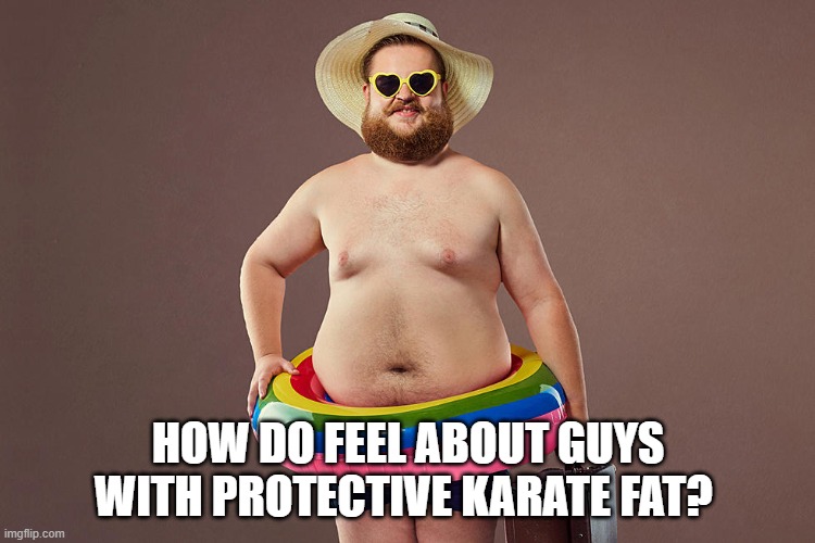 How do feel about guys with protective karate fat? | HOW DO FEEL ABOUT GUYS WITH PROTECTIVE KARATE FAT? | image tagged in dad,straight,gay,men,belly,pride | made w/ Imgflip meme maker