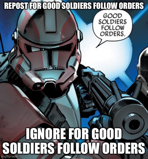 Good soldiers follow orders | REPOST FOR GOOD SOLDIERS FOLLOW ORDERS; IGNORE FOR GOOD SOLDIERS FOLLOW ORDERS | image tagged in good soldiers follow orders | made w/ Imgflip meme maker