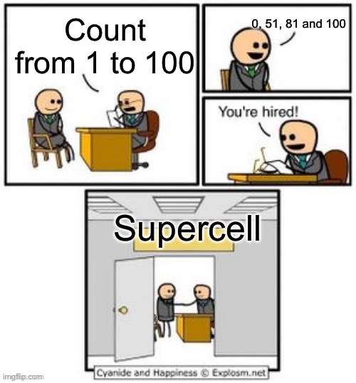 Your hired | 0, 51, 81 and 100; Count from 1 to 100; Supercell | image tagged in your hired | made w/ Imgflip meme maker