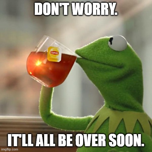 But That's None Of My Business Meme | DON'T WORRY. IT'LL ALL BE OVER SOON. | image tagged in memes,but that's none of my business,kermit the frog | made w/ Imgflip meme maker