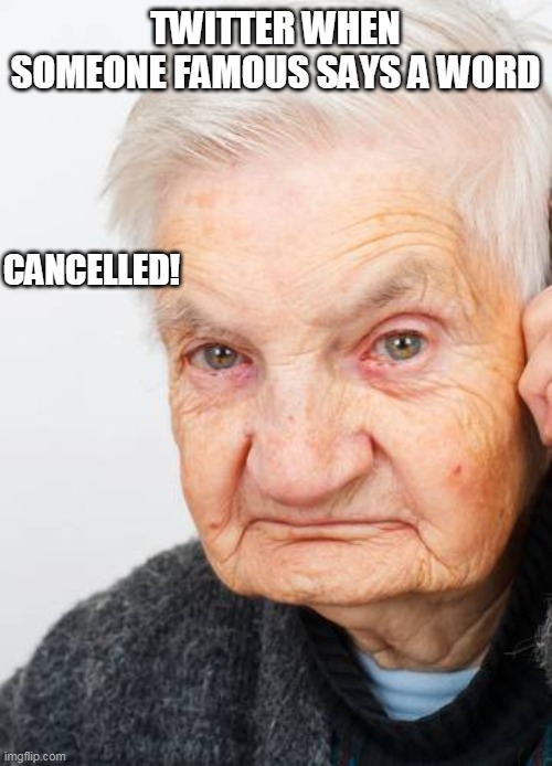 Mad Grandmama | TWITTER WHEN SOMEONE FAMOUS SAYS A WORD; CANCELLED! | image tagged in mad grandmama | made w/ Imgflip meme maker