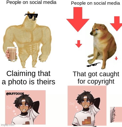 Buff Doge vs. Cheems | People on social media; People on social media; Claiming that a photo is theirs; That got caught for copyright; @BUFFDOGE | image tagged in memes,buff doge vs cheems | made w/ Imgflip meme maker