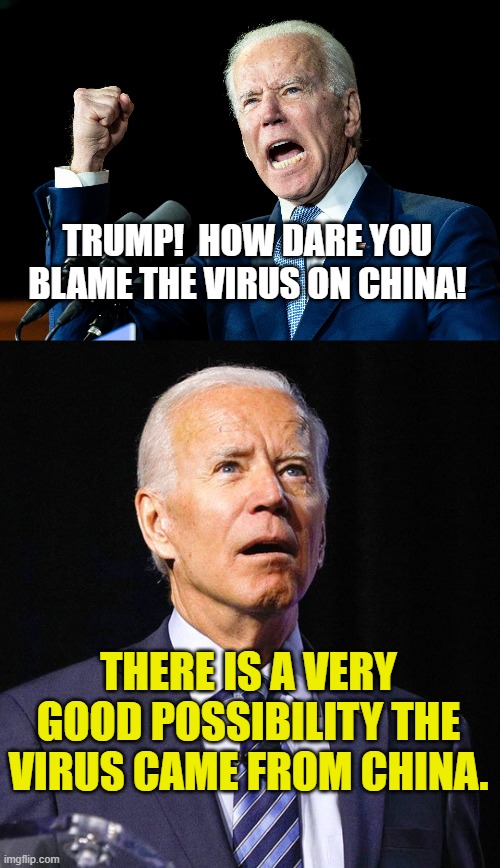 TRUMP!  HOW DARE YOU BLAME THE VIRUS ON CHINA! THERE IS A VERY GOOD POSSIBILITY THE VIRUS CAME FROM CHINA. | image tagged in joe biden - nap times for everyone,joe biden | made w/ Imgflip meme maker