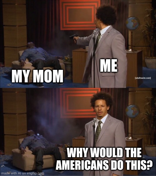 lol ok then i don't shoot my mother and im american. do you? | ME; MY MOM; WHY WOULD THE AMERICANS DO THIS? | image tagged in memes,who killed hannibal | made w/ Imgflip meme maker