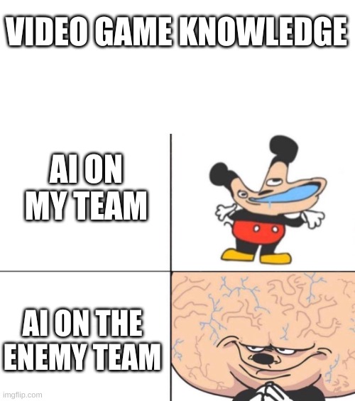 my ai are dumb | VIDEO GAME KNOWLEDGE; AI ON MY TEAM; AI ON THE ENEMY TEAM | image tagged in big brain mickey,video games | made w/ Imgflip meme maker