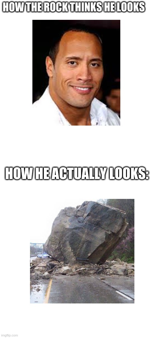 Da Rocc | HOW THE ROCK THINKS HE LOOKS; HOW HE ACTUALLY LOOKS: | image tagged in blank white template | made w/ Imgflip meme maker