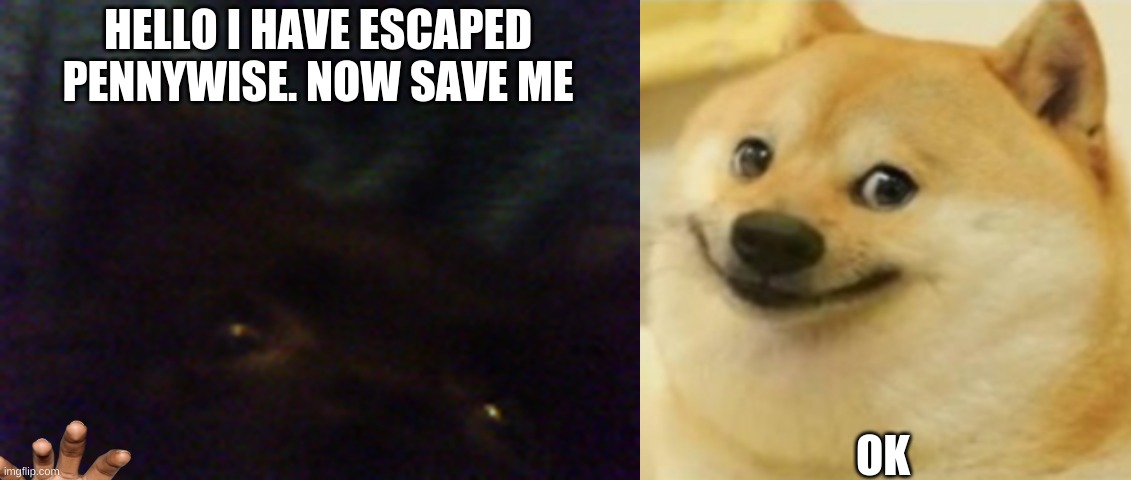 Escaped | HELLO I HAVE ESCAPED PENNYWISE. NOW SAVE ME; OK | image tagged in barely made it,smile doge cropped | made w/ Imgflip meme maker
