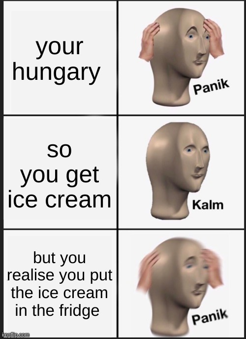 ice cream | your hungary; so you get ice cream; but you realise you put the ice cream in the fridge | image tagged in memes,panik kalm panik,ice cream | made w/ Imgflip meme maker