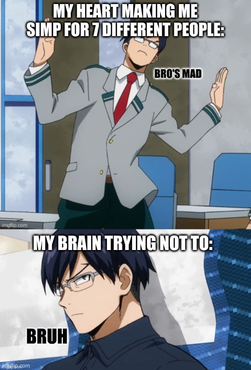 I dunno | MY HEART MAKING ME SIMP FOR 7 DIFFERENT PEOPLE:; MY BRAIN TRYING NOT TO: | image tagged in iida bro's mad,iida bruh | made w/ Imgflip meme maker