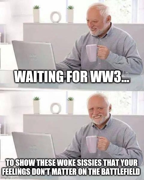 Politics and stuff | WAITING FOR WW3... TO SHOW THESE WOKE SISSIES THAT YOUR FEELINGS DON'T MATTER ON THE BATTLEFIELD | image tagged in memes,hide the pain harold | made w/ Imgflip meme maker