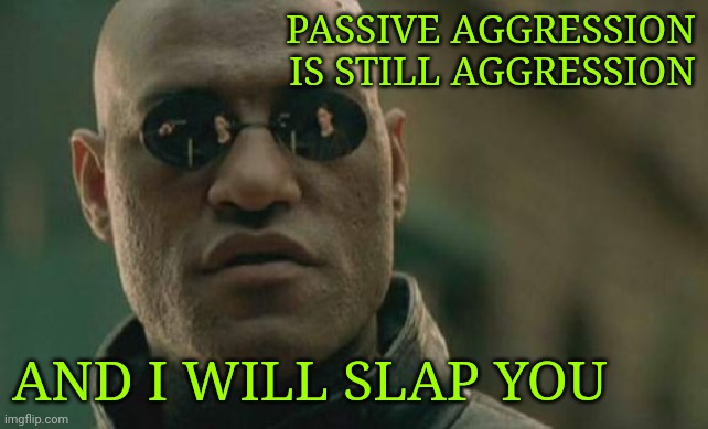 What'd the five fingers say to the face | PASSIVE AGGRESSION
IS STILL AGGRESSION; AND I WILL SLAP YOU | image tagged in memes,matrix morpheus,passive aggressive,aggressive,fight me | made w/ Imgflip meme maker
