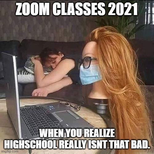 Zoom school | ZOOM CLASSES 2021; WHEN YOU REALIZE HIGHSCHOOL REALLY ISNT THAT BAD. | image tagged in funny,zoom,high school,covid19 | made w/ Imgflip meme maker