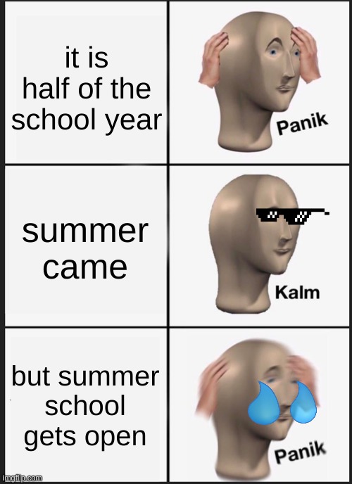 will this meme make it to the home page (Mod note: It will not) | it is half of the school year; summer came; but summer school gets open | image tagged in memes,panik kalm panik,summer | made w/ Imgflip meme maker