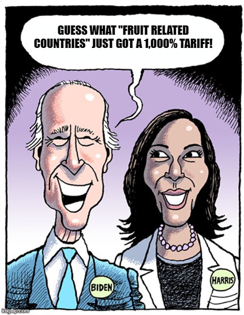 Biden Harris Blank Cartoon | GUESS WHAT "FRUIT RELATED COUNTRIES" JUST GOT A 1,000% TARIFF! | image tagged in biden harris blank cartoon | made w/ Imgflip meme maker