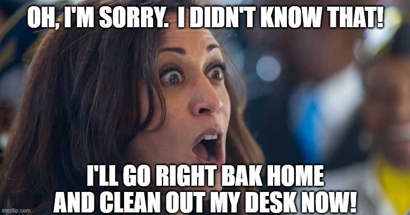 kamala harriss | OH, I'M SORRY.  I DIDN'T KNOW THAT! I'LL GO RIGHT BAK HOME AND CLEAN OUT MY DESK NOW! | image tagged in kamala harriss | made w/ Imgflip meme maker