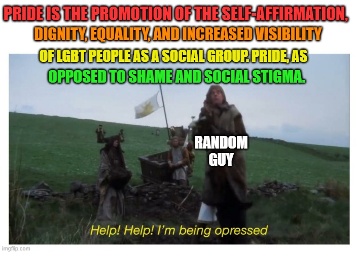 Monthy python I'm being opressed |  PRIDE IS THE PROMOTION OF THE SELF-AFFIRMATION, DIGNITY, EQUALITY, AND INCREASED VISIBILITY; OF LGBT PEOPLE AS A SOCIAL GROUP. PRIDE, AS; OPPOSED TO SHAME AND SOCIAL STIGMA. RANDOM GUY | image tagged in monthy python i'm being opressed | made w/ Imgflip meme maker
