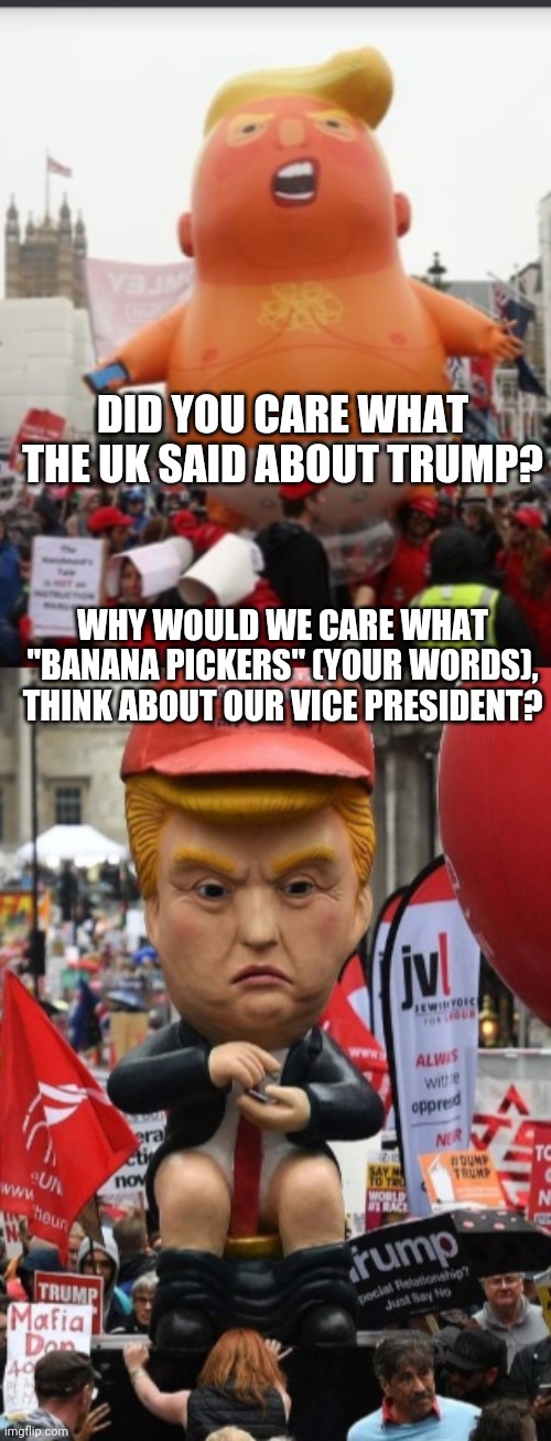 DID YOU CARE WHAT THE UK SAID ABOUT TRUMP? WHY WOULD WE CARE WHAT "BANANA PICKERS" (YOUR WORDS), THINK ABOUT OUR VICE PRESIDENT? | made w/ Imgflip meme maker