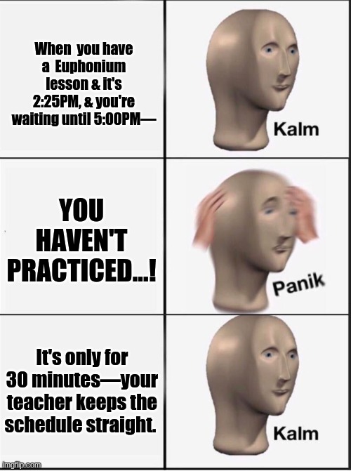 Reverse kalm panik | When  you have a  Euphonium lesson & it's 2:25PM, & you're waiting until 5:00PM—; YOU HAVEN'T PRACTICED...! It's only for 30 minutes—your teacher keeps the schedule straight. | image tagged in reverse kalm panik | made w/ Imgflip meme maker