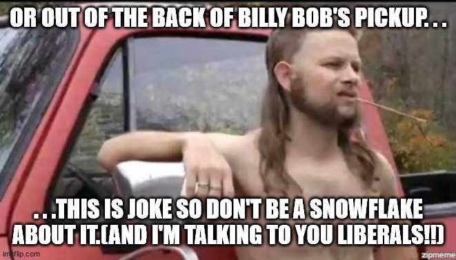 almost politically correct redneck | OR OUT OF THE BACK OF BILLY BOB'S PICKUP. . . . . .THIS IS JOKE SO DON'T BE A SNOWFLAKE ABOUT IT.(AND I'M TALKING TO YOU LIBERALS!!) | image tagged in almost politically correct redneck | made w/ Imgflip meme maker