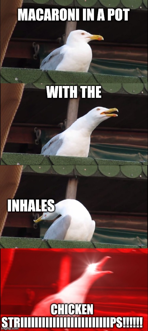 Inhaling Seagull Meme | MACARONI IN A POT; WITH THE; INHALES; CHICKEN STRIIIIIIIIIIIIIIIIIIIIIIIIIPS!!!!!! | image tagged in memes,inhaling seagull | made w/ Imgflip meme maker
