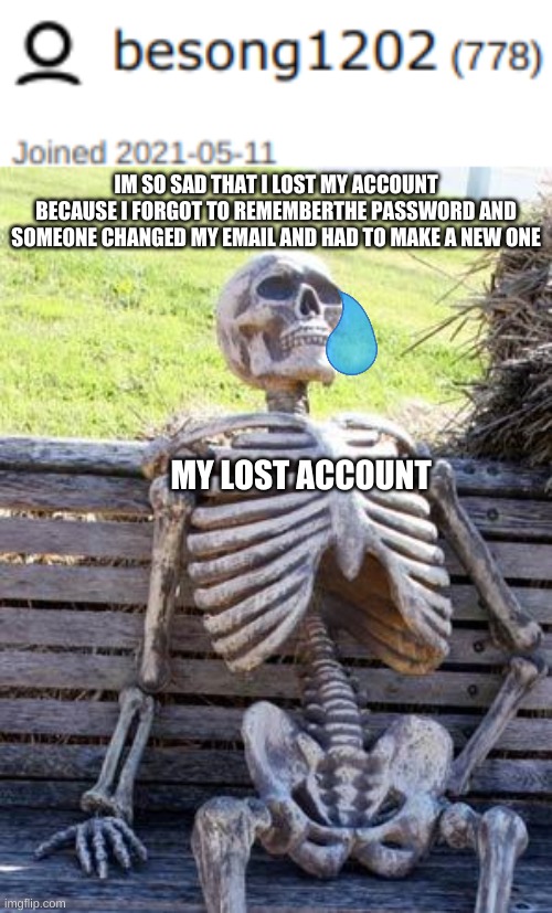 I wish this doesn't happen to anyone like myself | IM SO SAD THAT I LOST MY ACCOUNT BECAUSE I FORGOT TO REMEMBERTHE PASSWORD AND SOMEONE CHANGED MY EMAIL AND HAD TO MAKE A NEW ONE; MY LOST ACCOUNT | image tagged in memes,waiting skeleton | made w/ Imgflip meme maker