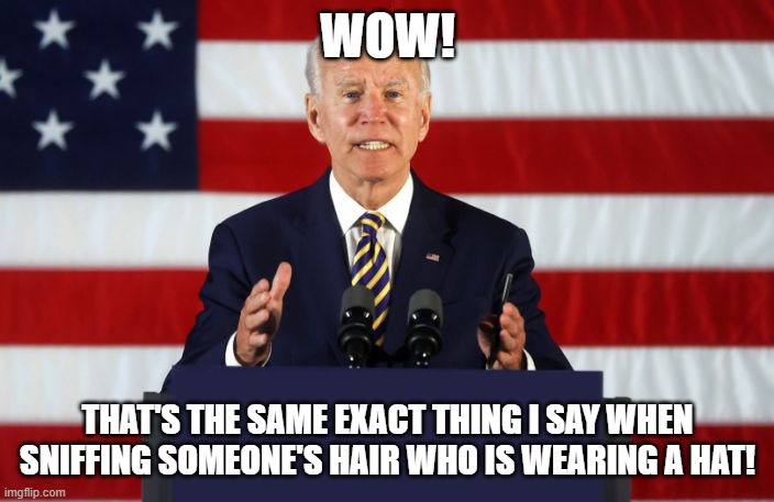Joe Biden Podium | WOW! THAT'S THE SAME EXACT THING I SAY WHEN SNIFFING SOMEONE'S HAIR WHO IS WEARING A HAT! | image tagged in joe biden podium | made w/ Imgflip meme maker
