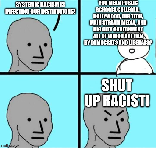 who are the left trying to fool? | YOU MEAN PUBLIC SCHOOLS,COLLEGES,  HOLLYWOOD, BIG TECH, MAIN STREAM MEDIA, AND BIG CITY GOVERNMENT ALL OF WHICH ARE RAN BY DEMOCRATS AND LIBERALS? SYSTEMIC RACISM IS INFECTING OUR INSTITUTIONS! SHUT UP RACIST! | image tagged in npc meme,racism,liberal hypocrisy,stupid liberals,special kind of stupid | made w/ Imgflip meme maker