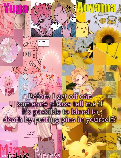 Mina and Denki Temp (tysm Yachi) | Before I get off can someone please tell me if it's possible to bleed to death by putting pins in yourself? | image tagged in mina and denki temp tysm yachi | made w/ Imgflip meme maker