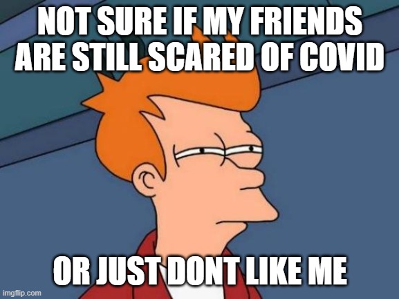 is it me | NOT SURE IF MY FRIENDS ARE STILL SCARED OF COVID; OR JUST DONT LIKE ME | image tagged in memes,futurama fry | made w/ Imgflip meme maker