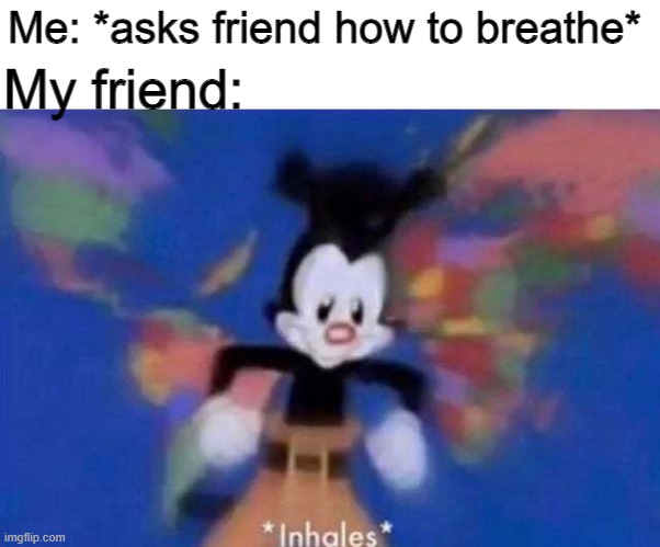 i am very unfunny | Me: *asks friend how to breathe*; My friend: | image tagged in inhales,unfunny,memes | made w/ Imgflip meme maker