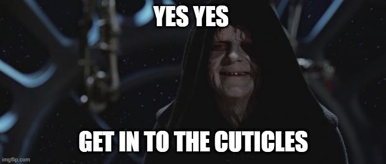 darth sidious | YES YES; GET IN TO THE CUTICLES | image tagged in darth sidious | made w/ Imgflip meme maker