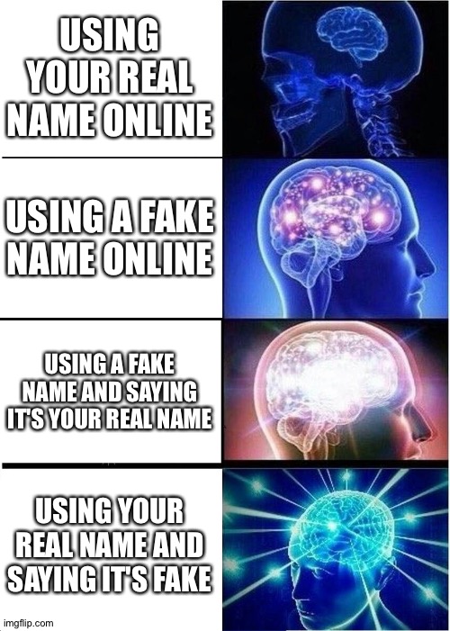 Expanding Brain | USING YOUR REAL NAME ONLINE; USING A FAKE NAME ONLINE; USING A FAKE NAME AND SAYING IT'S YOUR REAL NAME; USING YOUR REAL NAME AND SAYING IT'S FAKE | image tagged in memes,expanding brain | made w/ Imgflip meme maker