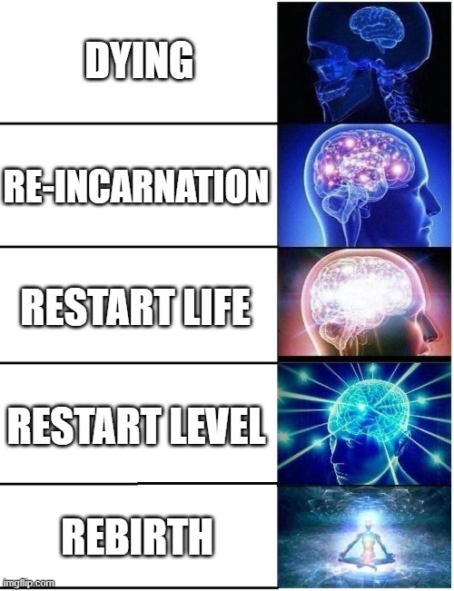 idk what im doing with my life | DYING; RE-INCARNATION; RESTART LIFE; RESTART LEVEL; REBIRTH | image tagged in expanding brain 5 panel | made w/ Imgflip meme maker