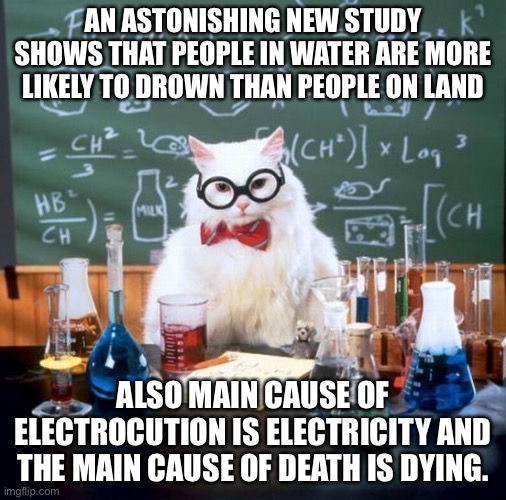 Chemistry Cat | AN ASTONISHING NEW STUDY SHOWS THAT PEOPLE IN WATER ARE MORE LIKELY TO DROWN THAN PEOPLE ON LAND; ALSO MAIN CAUSE OF ELECTROCUTION IS ELECTRICITY AND THE MAIN CAUSE OF DEATH IS DYING. | image tagged in memes,chemistry cat,drowning,death,duh,electricity | made w/ Imgflip meme maker