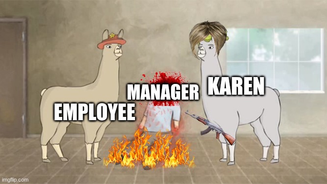 IM BORED | MANAGER; KAREN; EMPLOYEE | image tagged in llamas with hats dead guy | made w/ Imgflip meme maker