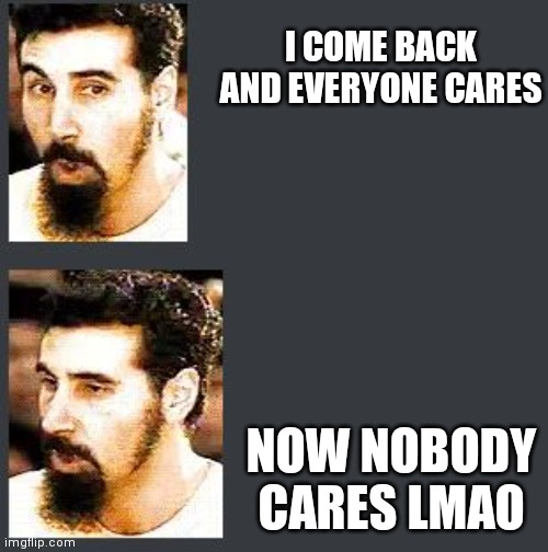 System Of A Down Look | I COME BACK AND EVERYONE CARES; NOW NOBODY CARES LMAO | image tagged in system of a down look | made w/ Imgflip meme maker