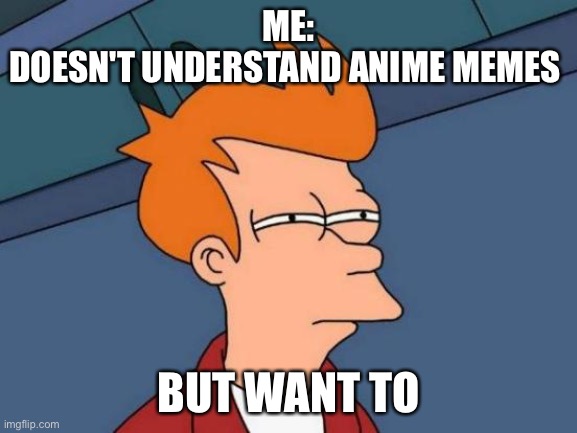 Futurama Fry | ME:
DOESN'T UNDERSTAND ANIME MEMES; BUT WANT TO | image tagged in memes,futurama fry | made w/ Imgflip meme maker