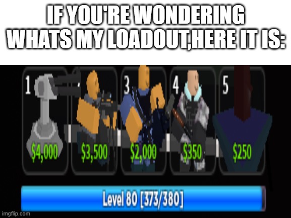 Yup, I'm level 80. | IF YOU'RE WONDERING WHATS MY LOADOUT,HERE IT IS: | image tagged in tds,roblox,tower defense | made w/ Imgflip meme maker