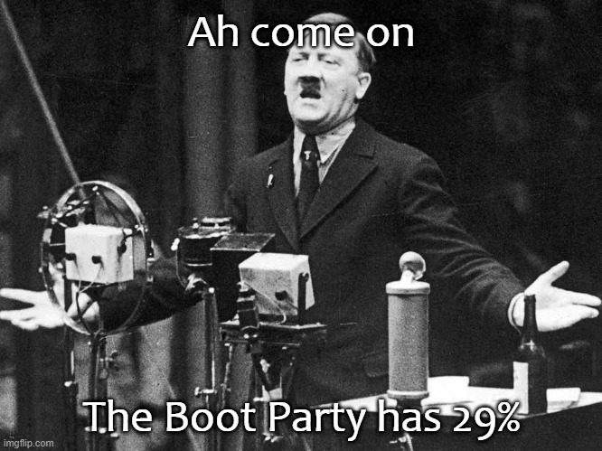 Please don't say this will go into UK Politics where no one has over 50% | Ah come on; The Boot Party has 29% | image tagged in ah come on,politics | made w/ Imgflip meme maker