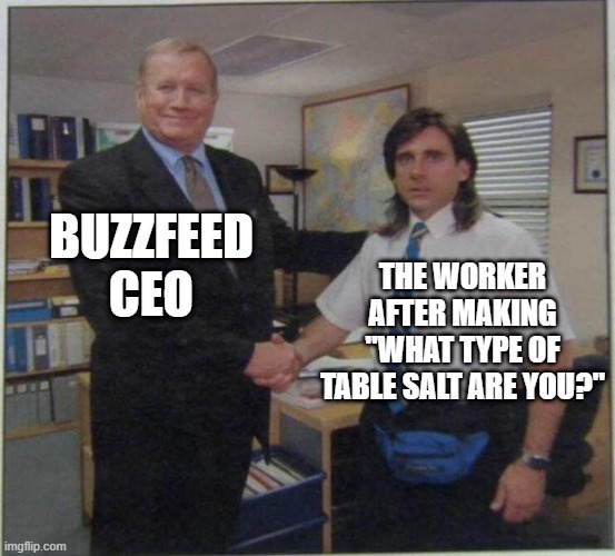 buzzfeed workers |  BUZZFEED CEO; THE WORKER AFTER MAKING "WHAT TYPE OF TABLE SALT ARE YOU?" | image tagged in the office handshake,buzzfeed | made w/ Imgflip meme maker