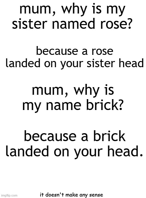 Blank Transparent Square Meme | mum, why is my sister named rose? because a rose landed on your sister head mum, why is my name brick? because a brick landed on your head.  | image tagged in memes,blank transparent square | made w/ Imgflip meme maker