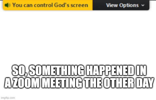 Controlling God's Screen | SO, SOMETHING HAPPENED IN A ZOOM MEETING THE OTHER DAY | image tagged in blank white template | made w/ Imgflip meme maker