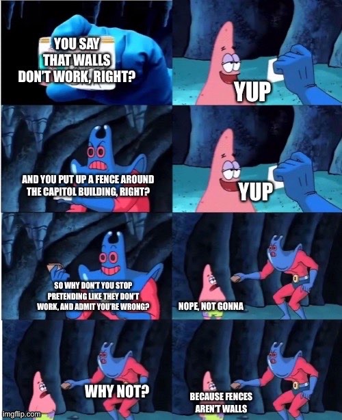 Walls Don’t Work (At least, that’s what the Dems say) | image tagged in patrick star,patrick not my wallet,walls,border wall,capitol hill | made w/ Imgflip meme maker