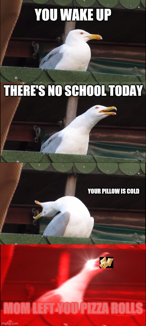 PIZZA ROLLS | YOU WAKE UP; THERE'S NO SCHOOL TODAY; YOUR PILLOW IS COLD; MOM LEFT YOU PIZZA ROLLS | image tagged in memes,inhaling seagull | made w/ Imgflip meme maker
