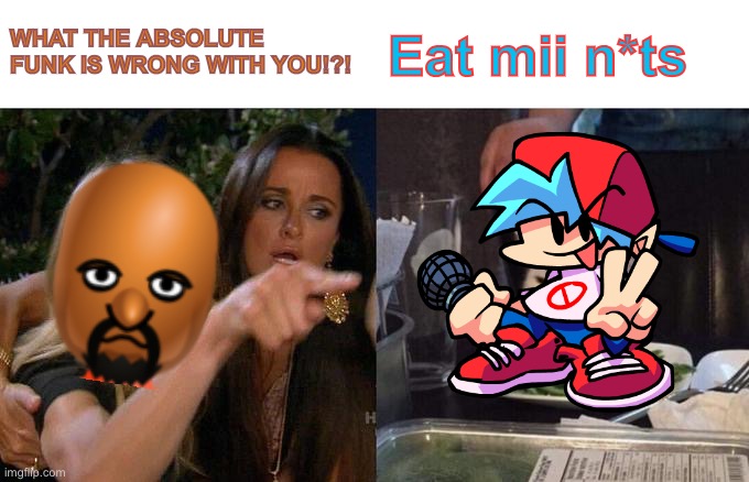 Vs Matt wiik 2 in a nutshell | WHAT THE ABSOLUTE FUNK IS WRONG WITH YOU!?! Eat mii n*ts | image tagged in memes,woman yelling at cat | made w/ Imgflip meme maker